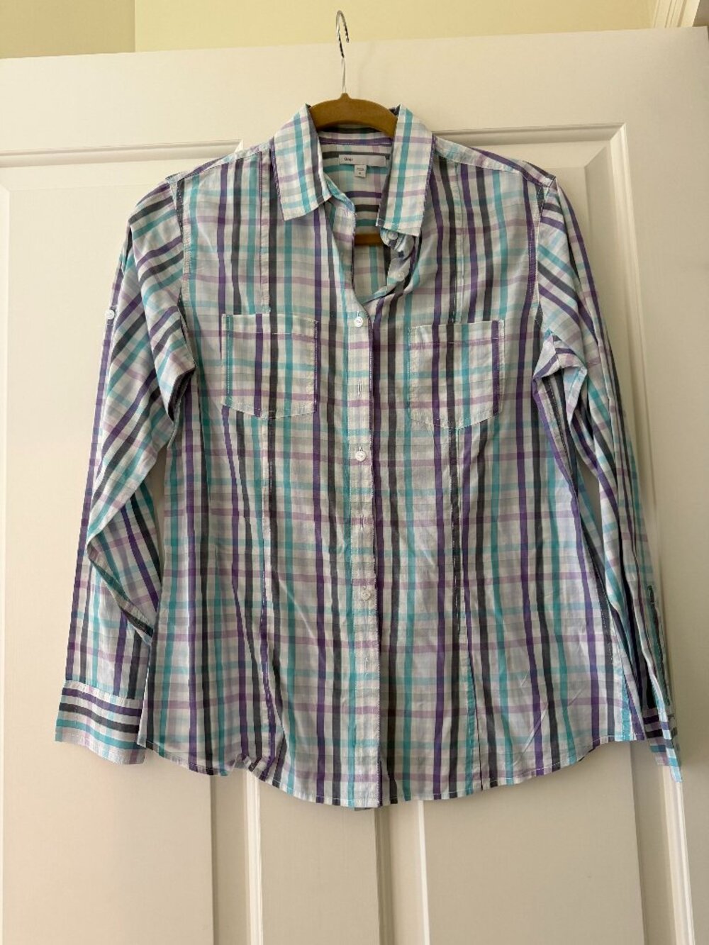 Gap purple, turquoise, black cotton blouse, size small, excellent cond
